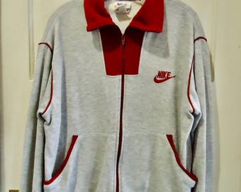 Vintage 70s/80s NIKE Orange Swoosh Sweatshirt Zip Front Track Jacket Gray With Maroon Trim And Logo Classic Nike Style Triblend  sz L/XL