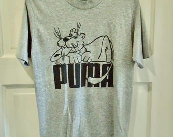 Vtg 80s Puma Brand Logo T-shirt Navy Blue L Single Stitch