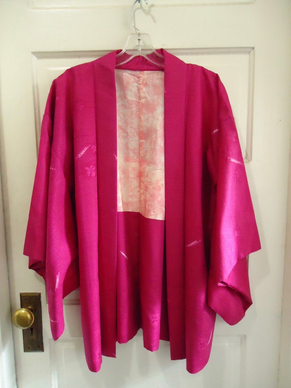 Vintage 60s HOT PINK Magenta Silk Short Kimono Wa… - image 1