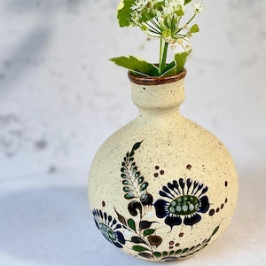 May include: A round, cream-colored ceramic vase with a speckled texture and a narrow neck. The body features hand-painted floral motifs in dark blue, green, and brown. A small green plant with white flowers is placed inside the vase opening.