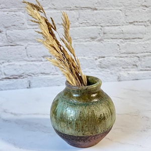 Può includere: Un piccolo vaso in ceramica rotondo con una smaltatura verde brillante e screziata sulla parte superiore e una base marrone ruvida. Il vaso contiene un mazzetto di steli d'erba essiccati color marrone chiaro che sporgono dall'apertura.
