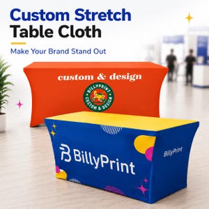 May include: Two custom stretch table cloths. One is orange with a circular logo featuring the text custom & design and BillyPrint. The other is blue with a yellow top, featuring the BillyPrint logo, abstract shapes, and star icons.