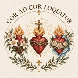 May include: A circular illustration featuring three red hearts with flames on top. The central heart is encircled by a crown of thorns and topped with a cross. The left heart is adorned with white lilies, and the right heart with white roses. The text COR AD COR LOQUITUR is arched above.