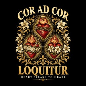 May include: A graphic illustration on a black background featuring three red hearts with flames, surrounded by gold floral filigree and white lilies. The text reads COR AD COR LOQUITUR and HEART SPEAKS TO HEART in gold lettering.