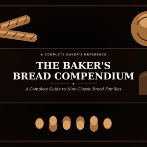 May include: A dark brown poster titled THE BAKER'S BREAD COMPENDIUM, A COMPLETE BAKER'S REFERENCE, A Complete Guide to Nine Classic Bread Families. The graphic features stylized illustrations of various bread shapes, including baguettes and round loaves.