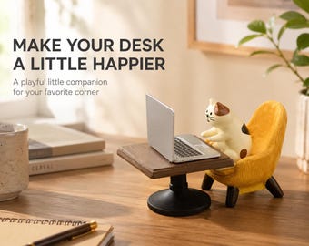 Miniature Cat Figurine With Laptop Desk Decor, Funny Work From Home Office Decoration, Cute Cat Lover Gift