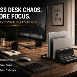 Könnte beinhalten: Ein schwarzer vertikaler Laptopständer mit zwei silbernen Laptops auf einem Holztisch. Text: LESS DESK CHAOS. MORE FOCUS. EVERY DEVICE HAS ITS PLACE. Cleaner Workspace, Faster Access, Better Productivity. Ein gerahmtes Schild zeigt: FOCUS PLAN EXECUTE.