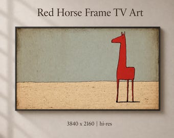 Red Horse Naive Art Frame TV File | Flat Primitivist Illustration | Retro Grunge Line Art Style | Samsung Frame TV Download