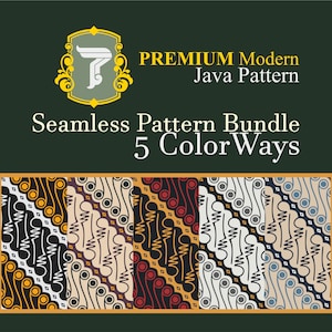 May include: A digital graphic featuring the text PREMIUM Modern Java Pattern Seamless Pattern Bundle 5 ColorWays. Below the text are five vertical panels displaying a repeating batik-style pattern in black, cream, red, grey, and blue colorways.