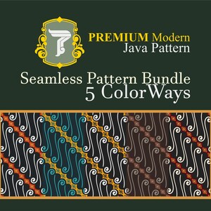 May include: A digital graphic featuring the text PREMIUM Modern Java Pattern Seamless Pattern Bundle 5 ColorWays. Below the text, two variations of a repeating pattern are displayed, showing white swirling lines and diagonal diamond borders.