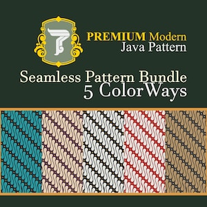 May include: A digital graphic featuring the text PREMIUM Modern Java Pattern Seamless Pattern Bundle 5 ColorWays. Below the text are five vertical panels displaying a repeating diagonal batik-style pattern in teal, beige, black, red, and brown.