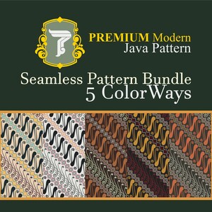 May include: A digital graphic featuring the text PREMIUM Modern Java Pattern Seamless Pattern Bundle 5 ColorWays. Below the text are five distinct variations of a traditional diagonal batik-style pattern in different color palettes.