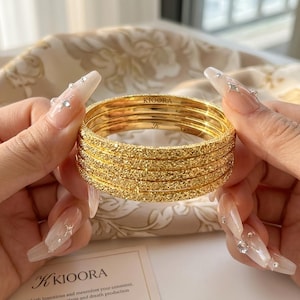 18K Gold PVD Stainless Steel Textured Bangles | Waterproof Stackable Set