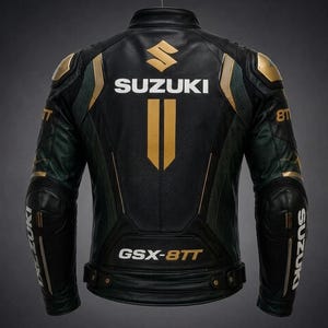 May include: A black leather motorcycle jacket featuring gold and dark green accents. The back displays the Suzuki logo, the text GSX-8TT, and the number 8T on the shoulders. The jacket includes a mandarin collar, shoulder padding, and a waist belt.
