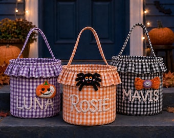 Personalized Gingham Halloween Trick-or-Treat Basket for Kids with Embroidered Name and Plush Charm