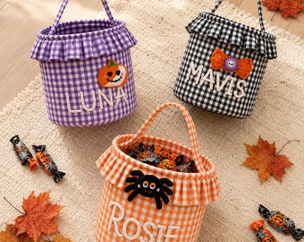 Personalized Halloween Candy Basket for Kids, Custom Embroidered Name Gingham Trick or Treat Tote with Plush Charm