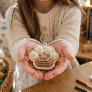 May include: A crocheted animal paw keyring featuring a cream-coloured base with four rounded toe pads and a larger, central brown pad. The soft, textured yarn accessory is attached to a circular silver-toned metal split ring for keys.
