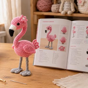Puede incluir: Una figura de flamenco tejida a ganchillo en color rosa con un pico negro y blanco y una pequeña flor en la cabeza, junto a un libro de manualidades abierto titulado Standing Flamingo que muestra diagramas y texto para crear el juguete.