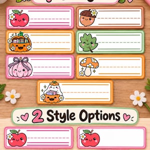 May include: A set of seven rectangular name labels featuring cute illustrations of an apple, acorn, pumpkin with books, leaf, pink pumpkin, mushroom, and ghost on a pumpkin. Includes text 7 Designs, 2 Style Options, Lined Style, and Blank Style.