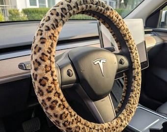 Leopard Steering Wheel Cover, Tan Faux Fur Cheetah Car Decor, Fluffy Auto Accessory for Women, Animal Print Wrap, Birthday Gift