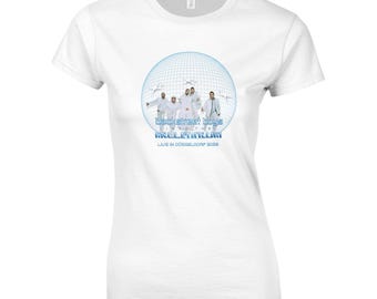 May include: A white short-sleeved t-shirt featuring a graphic of the Backstreet Boys inside a blue grid sphere. The text reads Backstreet Boys, Millennium, and Live in Düsseldorf 2022. The design includes five figures in white outfits.