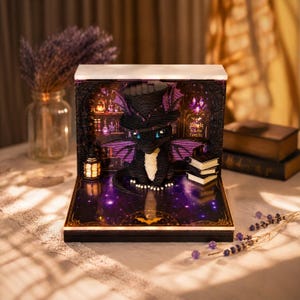 May include: A black dragon figurine wearing a top hat, positioned inside a lighted diorama box. The scene features purple wings, a cream-coloured chest, a small lantern, and a stack of books. The background displays shelves of bottles and text.
