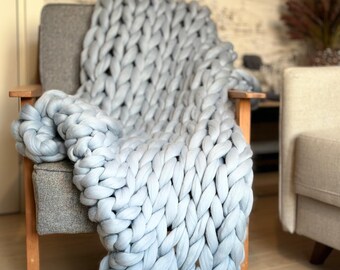 Chunky Knit Blanket - Arm Knit Merino Wool Plaid - Giant Weighted Throw - Big Yarn