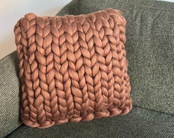 Handmade Chunky Knit Merino Wool Pillow Soft Brown Cushion