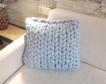Handmade Chunky Knit Merino Wool Pillow  Light Gray Throw Cushion