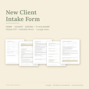 Therapist New Client Intake Form | Private Practice Onboarding Packet with Consent + Policies | Fillable PDF + Word | US Letter A4 A5