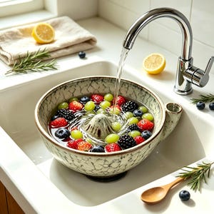 Op de afbeelding: Een keramische vergietkom met een gespikkelde crème en donkergrijze craquelé glazuurafwerking, voorzien van een verhoogde centrale kegel, gevuld met water, rode aardbeien, groene druiven en donkere bosbessen die onder een chromen keukenkraan worden afgespoeld.