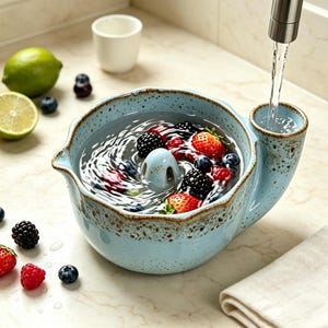 May include: A light blue ceramic berry colander bowl with a speckled brown rim and a central drainage post. The bowl is filled with water and fresh berries, including strawberries, blackberries, and blueberries, while water flows from a faucet.