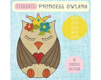 Digitale Stickdatei Princess Owlana Doodle 10x10 - 20x30 cm (4x4 - 8x12") Stickrahmen