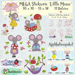 May include: A set of 11 embroidery designs featuring a cute mouse in various poses, including reading a book, holding an umbrella, and sleeping in a hammock. The designs are perfect for creating personalized gifts, home decor, and clothing.