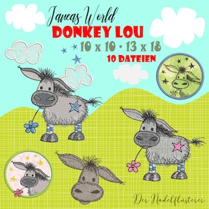 May include: A digital embroidery design featuring a cute cartoon donkey with a blue flower in its mouth. The design is available in 10 different sizes, ranging from 10x10 inches to 13x18 inches. The design is perfect for creating personalized gifts or adding a touch of whimsy to your home decor.