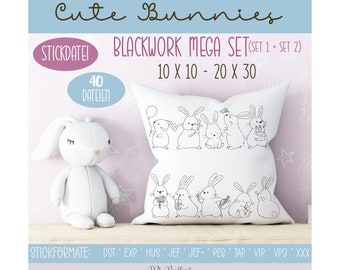 Digitale Stickserie Cute Bunnies Blackwork MEGA Set 10x10-20x30 cm (4x4 - 8x12") Stickrahmen