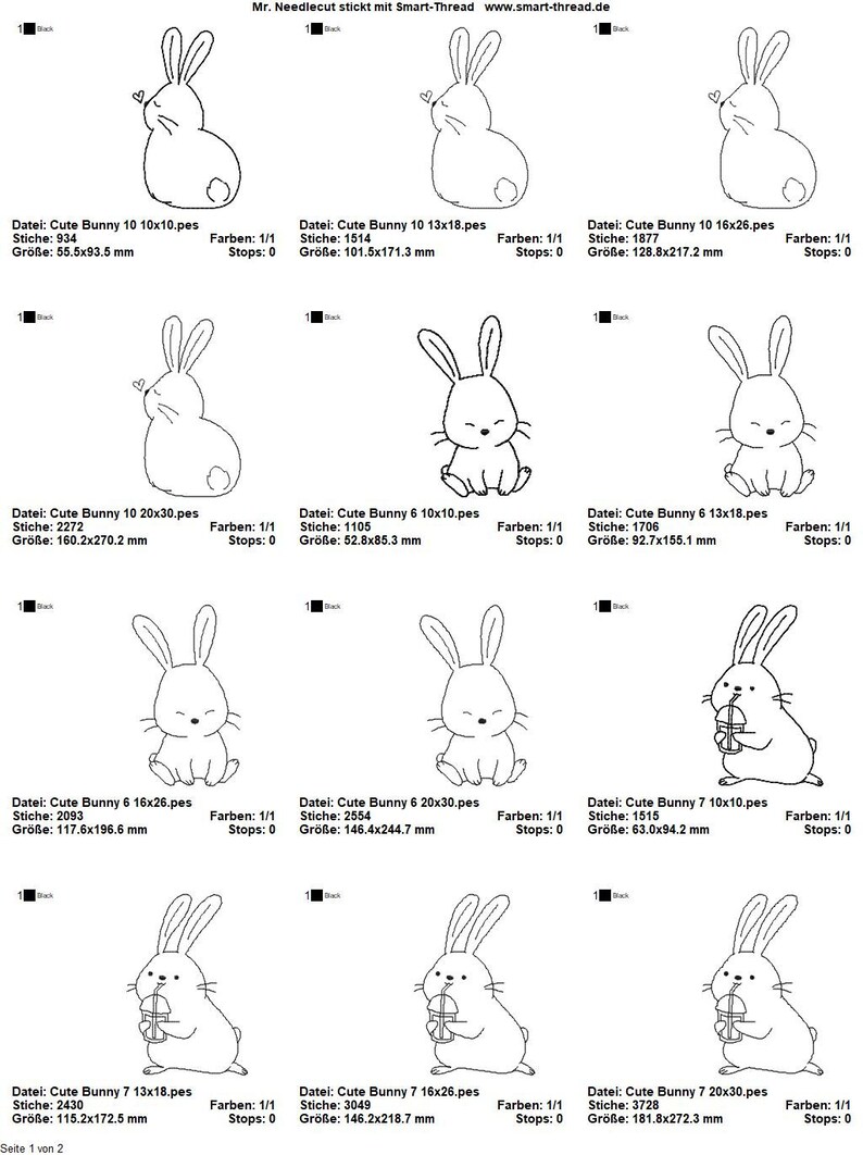 Digitale Stickserie Cute Bunnies Blackwork Set 2 10x10-20x30 cm 4x4 8x12 Stickrahmen Bild 2