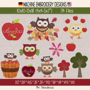 Könnte beinhalten: Eine Sammlung von Maschinenstickmustern mit Eulen, Äpfeln, Bäumen und Blumen. Der Text umfasst "MACHINE EMBROIDERY DESIGNS", "10x10-13x18 (4x4-5x7")", "34 Files", "Apple", "DST * EXP * HUS * JEF * JEF+ * PES * TAP * VIP * VP3 * XXX" und "Mr. Needlecut".