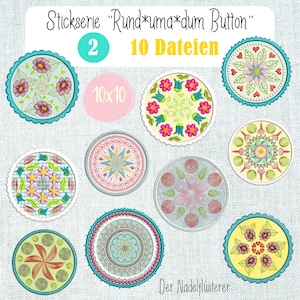 May include: A set of 10 colorful embroidery designs featuring round mandalas with floral and geometric patterns. The designs are perfect for creating unique buttons, patches, or embellishments for crafts and sewing projects.