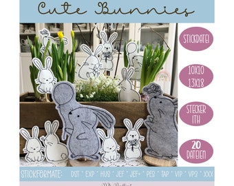 Digitale Stickdatei Cute Bunnies Stecker ITH 10x10-13x18cm (4x4-5x7") Stickrahmen