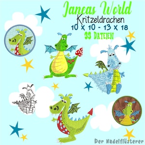 May include: A set of 33 embroidery designs featuring cute cartoon dragons in various poses. The designs are available in two sizes: 10 x 10 inches and 13 x 18 inches. The designs are perfect for adding a whimsical touch to any project.
