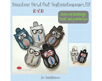 Digital embroidery file Nerd Owl keychain ITH 10 x 10 cm (4x4") embroidery frame