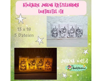Digitale Stickserie Janeas Kritzeleinhorn  Lichtbeutel ITH 13x18 cm (5x7") Stickrahmen