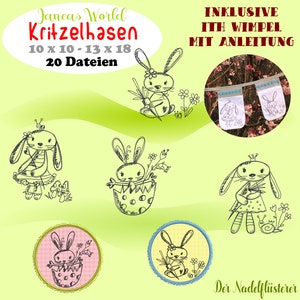 Könnte beinhalten: Ein digitales Stickmuster-Set mit 20 Dateien von niedlichen Hasen in verschiedenen Posen. Die Designs beinhalten Hasen, die Karotten halten, in Eiern sitzen und Kleider tragen. Der Text "Janeas World Kritzelhasen 10 x 10 - 13 x 18 20 Dateien INKLUSIVE ITH WIMPEL MIT ANLEITUNG Der Nadelfliisterer" ist ebenfalls im Bild enthalten.