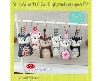 Digitaal borduurbestand Euli Cat sleutelhanger ITH 10 x 10 cm (4x4") borduurraam