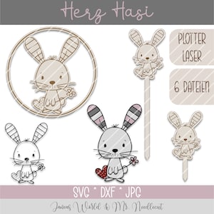 Peut inclure: Un téléchargement numérique de six fichiers pour un design de lapin mignon. Le design comprend un lapin avec un cœur et une fleur, ainsi que le texte "Herz Hasi" en allemand. Les fichiers sont destinés à être utilisés avec un traceur ou une découpeuse laser.