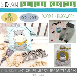 Könnte beinhalten: Ein Set mit 18 Stickdateien, die ein niedliches Cartoon-Nilpferd mit gelbem Schal zeigen. Die Designs sind in den Größen 10x10 und 20x30 erhältlich und für Stickmaschinen geeignet. Die Designs sind im Doodle- und Blackwork-Stil gehalten. Das Bild zeigt ein Kissen, einen Baby-Strampler und eine Wärmflasche mit dem Nilpferd-Design.