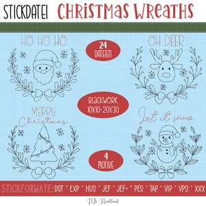 Könnte beinhalten: Ein digitaler Download von 24 Stickmustern mit vier Weihnachtskränzen mit verschiedenen Motiven: "Ho Ho Ho" mit dem Weihnachtsmann, "Oh Deer" mit einem Rentier, "Frohe Weihnachten" mit einem Weihnachtsbaum und "Let it Snow" mit einem Schneemann. Die Designs sind in Schwarzstich und messen 10x10 bis 20x30 Stiche.