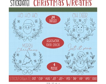 Digitale Stickdatei Christmas Wreaths Blackwork 10x10 - 20x30 cm (4x4 - 8x12") Stickrahmen