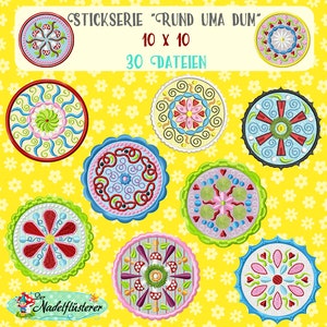 Könnte beinhalten: Ein Set mit 10 Stickdateien mit farbenfrohen, kreisförmigen Mustern. Die Designs sind perfekt, um einzigartige und dekorative Projekte zu erstellen. Die Designs sind in 10 verschiedenen Größen erhältlich, mit insgesamt 30 Dateien.
